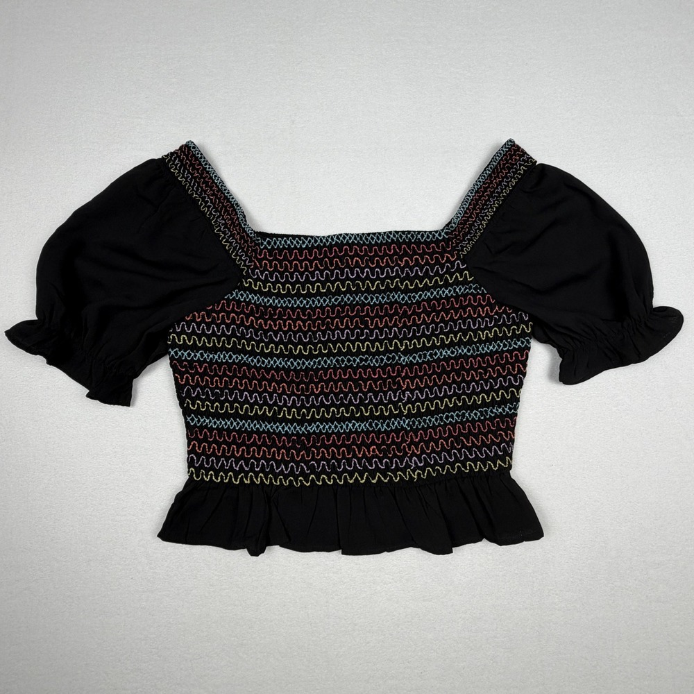 Savanna Jane Black Smocked Puff Sleeve Embroidered Crop Top Womens Size L NEW